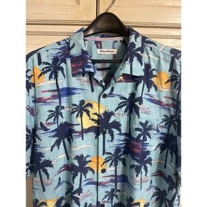 Tommy Bahama Silk Hawaiian Shirt Mens XL Button Up Palm Trees Sunset Sunrise